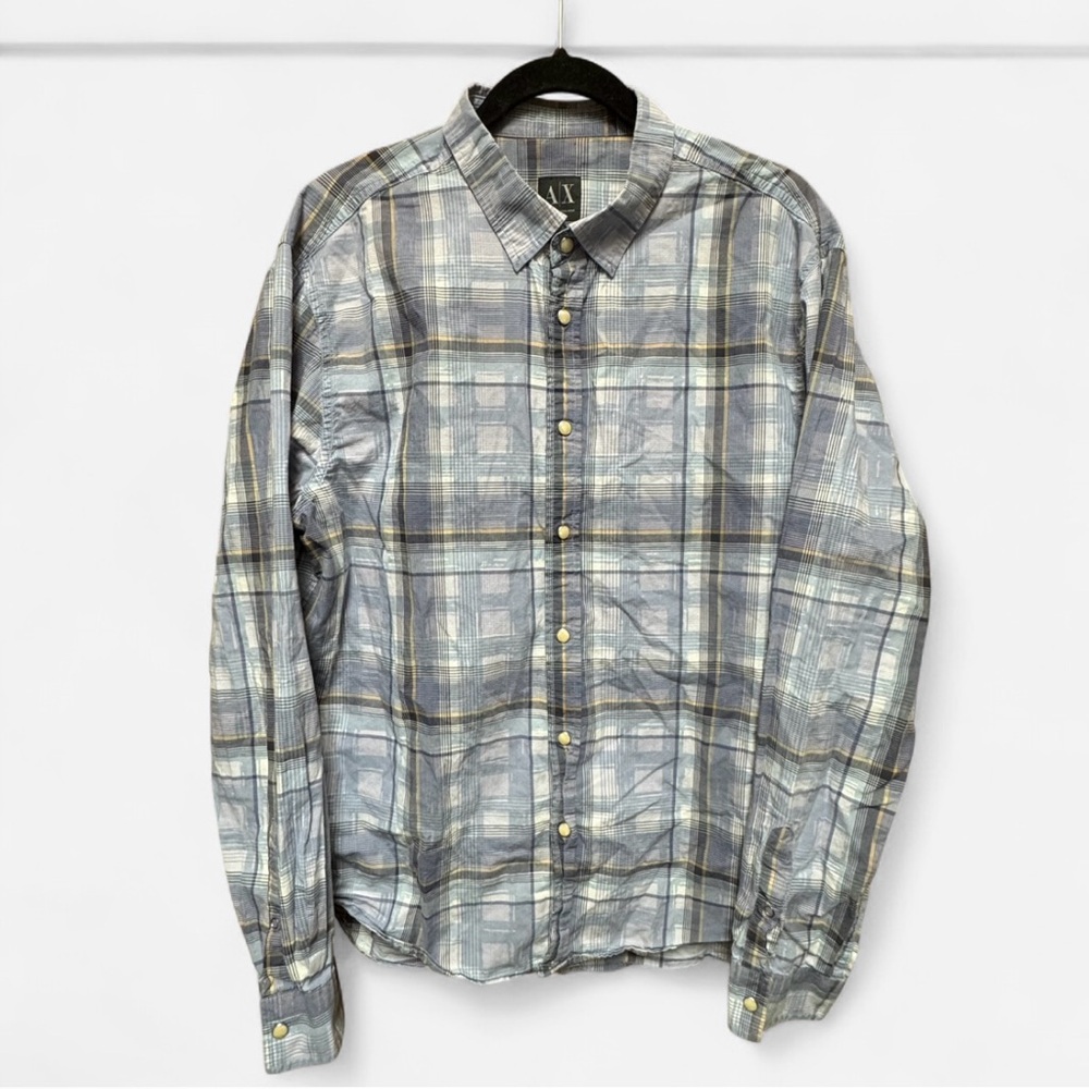 Armani Exchange Blue Plaid Pearl Snap Button Up Shirt